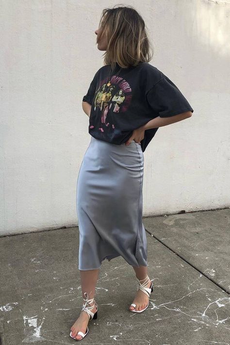 6 Cheap Styling Hacks That Make Outfits Look Expensive | Who What Wear Blue Satin Skirt, Luxurious Outfits, Silk Skirt Outfit, Styling Hacks, Wife Style, Monochrome Outfit, Slouchy Tee, All White Outfit, Slip Skirts