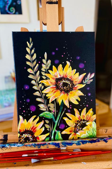 Sunflower Sip And Paint, Late Summer Painting Ideas, Sunflower On Black Canvas, Fall Sunflower Painting, Paint Night Inspiration, Step By Step Sunflower Painting, Sunflower Painting Ideas On Canvas, Grandma Painting Ideas, Painting Ideas On Canvas Sunflower