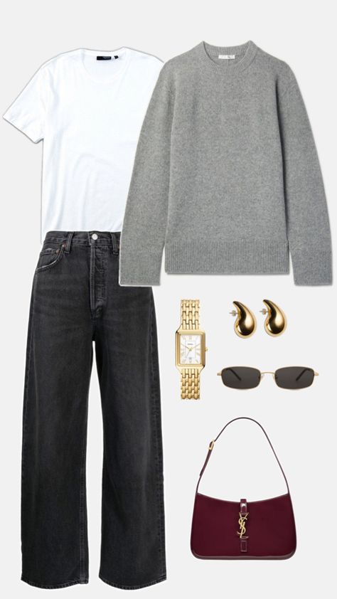 Black jeans, oversized gray sweater and gold accessories Oversized Gray Sweater, Cool Outfit Ideas, Cool Outfit, Fashion Diy, Gray Sweater, Diy Hacks, Outfit Ideas, Grey