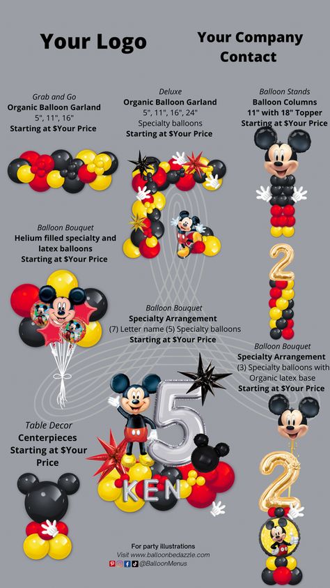 How Many Balloons For Garland, Balloon Pricing Guide, Mickey Mouse Balloon Decor, Balloon Design Ideas, Party Balloons Diy, Balloon Arrangement, Balloon Business, Mickey Mouse Balloons, Balloon Template