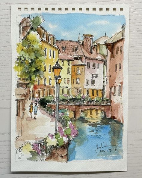 Different Art Mediums Ideas, Watercolour Architecture Drawings, Easy Cute Watercolor Ideas, Watercolor Art Italy, Watercolor Buildings Architecture, Watercolor Urban Sketching, Aesthetic Sketch Book Ideas, Watercolor Art Buildings, Drawing Ideas Paint