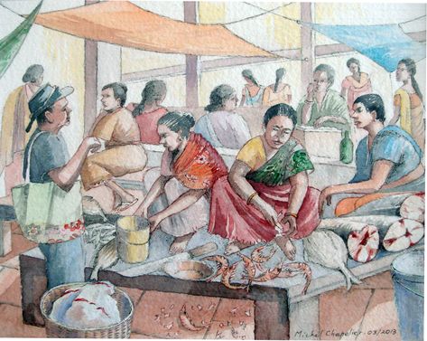 Village Memory Drawing, Fish Market Memory Drawing, Fish Market Drawing, Human Autonomy, Class Illustration, Holi Drawing, Figure Composition, Village Scene Drawing, Memory Illustration