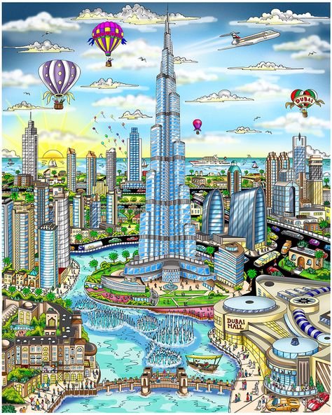 Available Now: Fazzino’s Dubai 3D Pop Art Pieces Comic Book Making, Dubai Illustration, National Day Uae, Atomic Age Art, New Year Story, Charles Fazzino, City Scape Painting, Papa Johns Pizza, Cartoon Map