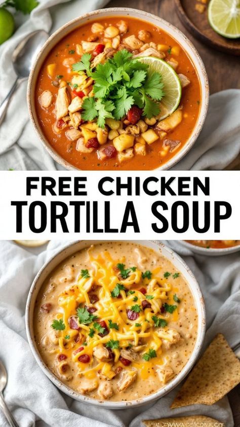 Looking for meal-prep ideas? These chicken tortilla soup recipes 🌶️ make a great batch cooking option. Delicious and easy to store! Tortilla Soup No Beans, Chicken Tortilla Soup No Beans, Chicken Tortilla Recipes, Chicken Tortilla Recipe, Tortilla Soup Recipes, Authentic Chicken Tortilla Soup, Cheesy Chicken Tortilla Soup, Healthy Chicken Tortilla Soup, Creamy Cheesy Chicken