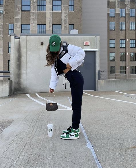 Green Aj1 Outfit, Air Jordan Green Outfit, Jordan 1 Lucky Green Outfit Women, Green Nikes Outfit, Jordan Green Outfit, Fits With Air Jordan 1, Green Jordan 1 Outfit Women, Green Tennis Shoes Outfit, Green Air Jordan 1 Outfit