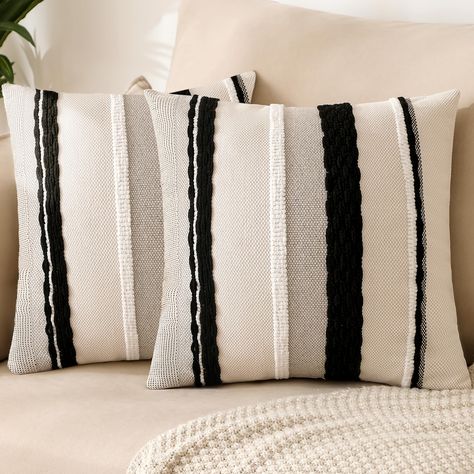 PRICES MAY VARY. Modern Bohemian Aesthetic:This unique design of throw pillows for couch features luxurious Chenille fabric on the front, intricately woven into different textures and adorned with exquisite 3D raised tufted designs, while the back is made of premium polyester-cotton material. It brings a modern Bohemian style to your home. The combination of modern design and Chenille stripe tufted provides both visual and tactile appeal, enriching your living space. Soft and Durable Fabric:This Black White Throw Pillows, Black Couch Throw Pillows, Black And White Beach House Decor, Black And White Beach House, Taupe Couch, Bed Black And White, Tufting Techniques, Chimney Decor, Boho Pillow Covers