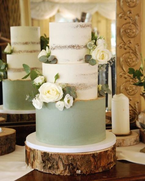 Sage green and gold wedding cake. Semi naked with fresh flowers. By Croft Cake Design - Ireland. Sage Green Wedding Theme, February Day, Green Wedding Cake, Wedding Mint Green, Wedding Cake Ideas, Green Cake, Wedding Cake Photos, Green Themed Wedding, Sage Wedding