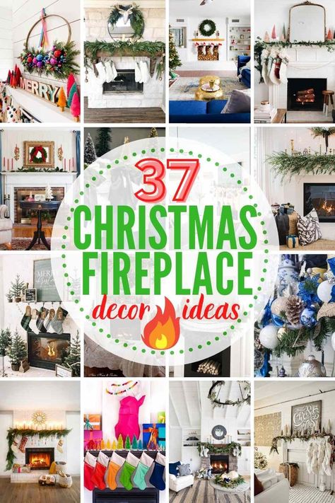 37 Christmas Fireplace Decor Ideas That Will Put The Holly Jolly in Your Holiday Season! The fireplace is the heart of a holiday home. Here are 30+ STUNNING (& achievable) ways to decorate it! #christmasfireplacedecor #christmasmantle #christmasmantel #christmasfireplaceideas Above The Mantel Ideas, Mantle Ideas Fireplace, Christmas Mantles Ideas Fireplaces, Christmas Mantle Decor Fireplaces, Christmas Fireplace Decor Ideas, Rustic Christmas Mantel, Fireplace Decor Ideas, Christmas Mantles, Christmas Fireplace Mantels