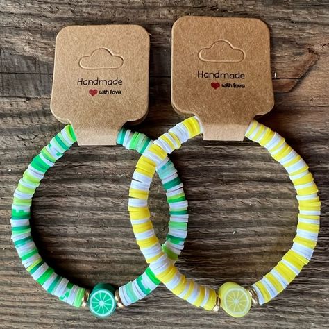 Lemon and Lime Heishi Clay Bead Bracelet Set Clay Bead Bracelet Ideas With Fruit, Clay Bead Bracelet Fruit, Clay Bead Bracelet Ideas Fruit, Fruit Clay Bead Bracelets, Clay Bead Bracelet Sets, Bracelet Perles Heishi, Clay Bead Bracelet Patterns, Clay Bead Jewelry Ideas, Clay Beads Tutorial