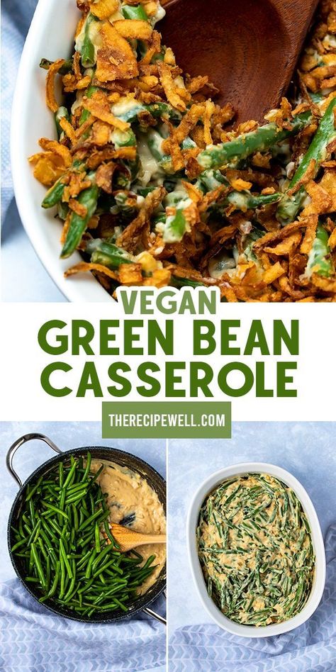 If you need a vegan Easter side dish, look no further! This crowd-pleasing casserole is made with fresh green beans and a creamy from-scratch sauce. No canned soup or mushrooms! FOLLOW The Recipe Well for more great recipes! #Easter #nomushrooms #nosoup #easy #healthy #cashew #homemade Easter Side Dishes Vegetables, Keto Easter, Vegan Easter Recipes, Dinner Meat, Green Bean Casserole Recipe, Green Bean Casserole Easy, Vegan Green Bean Casserole, Recipes Easter, Dinner Keto