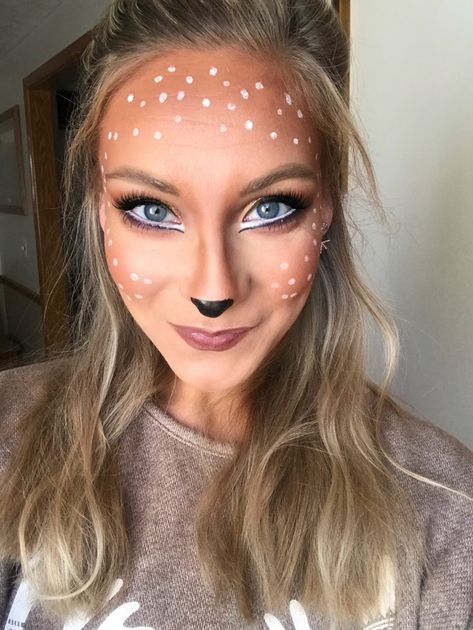 Make Up For Deer Costume, Doe Eye Makeup Halloween, Oh Deer Halloween Costume, Mom Deer Costume, Womens Doe Costume Diy, Doe Deer Face Paint, Halloween Doe Makeup, Deer Outfit Halloween Costume Ideas, Female Deer Costume