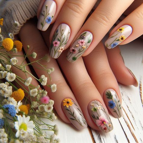 #nails   #flowers   #summer    #summer-nails Colourful Wedding Nails, Garden Party Nails, Wildflower Nail Art, Real Flower Nails, Bouquet Nails, Wild Flower Nails, Nails Wildflower, Wildflower Nails, Dried Flower Nails