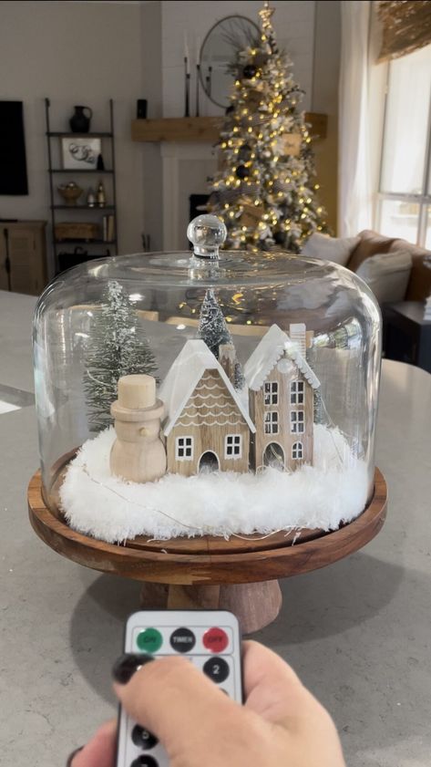 Cake Stand Christmas Decor, Snow Village Display Ideas, White Christmas Village Display, Small Christmas Village Display, Mini Christmas Village, Christmas Cloche, Advent 2023, Mini Village, Beige Christmas