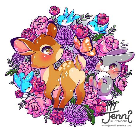 B A M B I  . . . #bambi #deer #disneyfan #disneyclassic #thumper #floral #botanical #jennilustrations Jenni Illustrations, Images Kawaii, Cute Kawaii Animals, Instagram B, Super Kawaii, Cute Kawaii Drawings, Anime Animals, Cute Cartoon Animals, Kawaii Animals