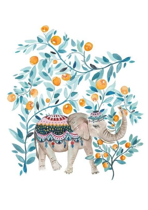 Amber Davenport, Indian Elephant Art, Orange Orchard, Etsy Nursery, Painting Elephant, Elephant Wall Art Nursery, Appropriation Art, Bohemian Elephant, Gouache Paints