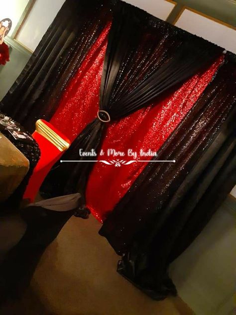 Red Black And White Backdrop Ideas, Red And Black Backdrop, Party Draping, Drape Ideas, Ball Theme Party, Dollar Tree Wedding Centerpieces, Prom Backdrops, Dollar Tree Wedding, Curtain Backdrop