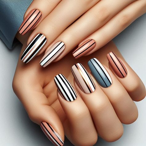 Elevate your manicure with the chic sophistication of vertical nail art. Perfect for elongating the look of your nails, these designs feature clean, sleek lines and dynamic patterns that add a modern edge to any look. Whether you prefer minimalist stripes or bold, contrasting colors, our long-lasting, glossy finish ensures your nails stay sharp and stylish. Make a statement with vertical designs that are as unique and striking as you are. Nail Art Stripes, Stripped Nails, Modern Nails, Floral Nail Art, Blue Nail Designs, Striped Nails, Simple Nail Art Designs, Halloween Nail Designs, Floral Nails