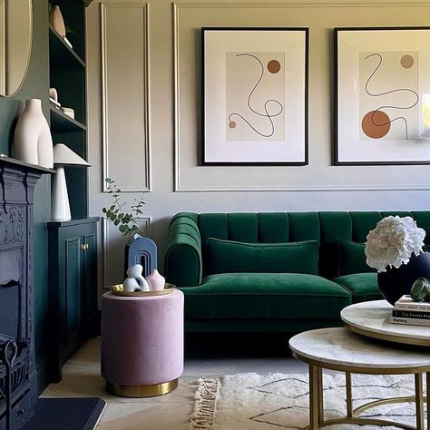 • G E M M A • (@my_midcenturymakeover) • Instagram photos and videos Mid Century Apartment, Rooms Design, Lvt Flooring, Chimney Breast, Green Sofa, Living Room Green, Apartment Living Room, Luxury Vinyl, Colour Schemes