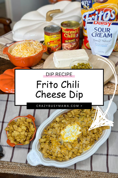 Frito Chili Cheese Dip Recipe Chili Cheese Dip Recipes, Game Day Dip, Crazy Busy Mama, Frito Chili, Cream Cheese Enchiladas, Chili Cheese Dip, Cheese Dip Recipe, Bean Dip Recipes, Chili Cheese Dips