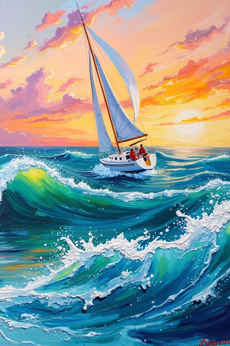 Transform your space with the breathtaking beauty of the ocean! This vibrant seascape painting captures a sailboat gracefully navigating turquoise waves beneath a stunning sunset. Available as a framed print, canvas, fine art print, or metal print - find the perfect fit for your home or office. Bring the spirit of adventure and tranquility indoors!   #waterfall #nature #flowers #paintings #art #beauty #serenity #iris #goddess #womaninart #matisse_paintings #abstract #acrylic #watercolor Abstract Boat Painting Acrylics, Acrylic Painting Water, Boat Painting Acrylic, Iris Goddess, Sailing Theme, Sb Design, Matisse Paintings, Flowers Paintings, Sunny Sky