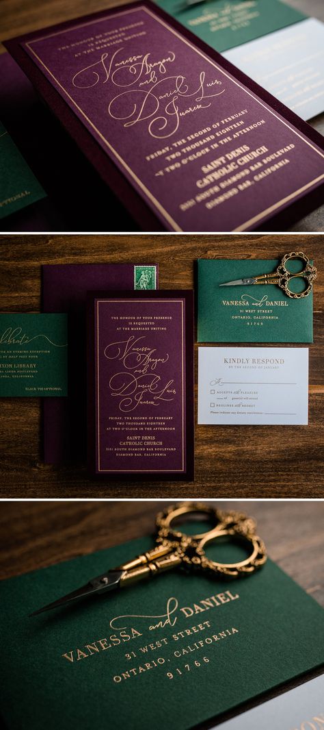 Jewel Tone Wedding Save The Date, Emerald Velvet, Plum Emerald Wedding, Emerald Invitations Wedding, Jewel Tone Wedding Stationery, Jewel Toned Wedding Invitations, Emerald Plum And Gold Wedding, Jewel Tone Invitations Weddings, Jewel Tone Invitations