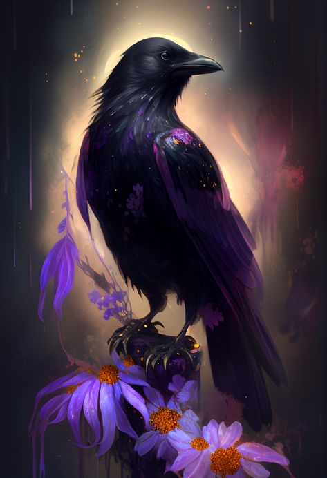 Black raven, raven digital, raven, raven art, crow, crow digital art, crow painting, crow with flower, black crow, raven decor, crow skitch Crow Spirit Animal, Crow Images, Raven Artwork, Crow Tattoo Design, Crow Painting, Raven Bird, Purple Bird, Crow Art, Black Raven