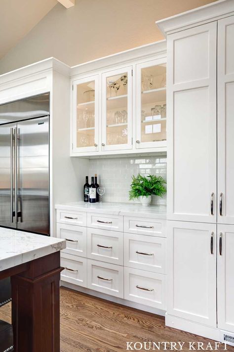 Tall White Kitchen Cabinets in Lafayette, CA White Kitchen Cabinets With Glass Doors, Dining Room Built Ins, Dining Room Built In, Glass Kitchen Cabinet Doors, Built In Buffet, Cabinets With Glass Doors, Dining Room Cabinet, Dining Room Remodel, Dining Room Buffet