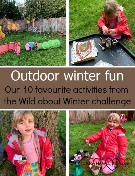 An obstacle course set up in the garden; Sophie doing mud painting; Sophie holding a matchbox filled with tiny nature treasures; Sophie making a mud potion in the garden - "Outdoor winter fun: our 10 favourite activities from the Wild about Winter challenge" Winter Nature Activities, Outdoor Winter Activities For Kids, Winter Outdoor Play, Snow Day Activities For Kids, Mud Painting, Winter Challenge, Winter Picnic, Preschool Play, Outdoor Fun For Kids