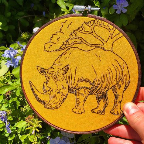 Cass Keller on Instagram: “The rhino! Every month for this endangered animal stitching challenge, i tend to focus on why they are endangered. This week we are going…” Animal Kingdom Embroidery Shirt, Jungle Embroidery Patterns, Bison Embroidery, Kangaroo Embroidery, Rhino Embroidery, Hoop Art, Embroidery Projects, Hand Embroidery, Personalized Items