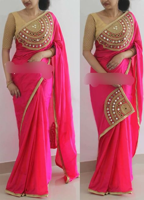 Designer Real mirror and beads handwork saree,  all over gold beads border  Silk  CODE : JC Saree Handwork Designs, Handwork Designs, Sari Design, Modern Saree, Saree Blouse Patterns, Silk Saree Blouse Designs, Designer Saree Blouse Patterns, Embroidered Blouse Designs, Designer Blouse Patterns