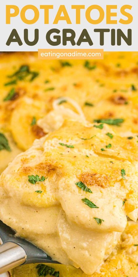 You are going to love this easy, cheesy delicious Potatoes Au Gratin side dish. Thinly slice potatoes are mixed in a creamy sauce and topped with cheese. Rich, creamy and cheesy is what makes this Potatoes Au Gratin recipe so flavorful. We love that it is loaded with flavor and simple ingredients. #eatingonadime #potatoaugratin #easysidedish Homemade Potatoes Au Gratin, Easy Potatoes Au Gratin Simple, I’ll Gratin Potatoes, Scalloped Potatoes Au Gratin Recipes, Cheesy Potato Au Gratin, Velveeta Au Gratin Potatoes, Ya Gratin Potatoes, Algrauten Potatoes, Potato Al Graten