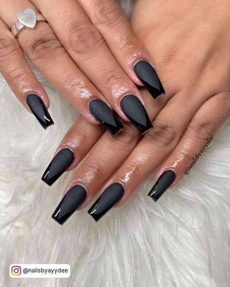 Black Matte Gloss Nails, Black Nails Matte And Glossy French, Solid Matte Nails, Gloss And Matte Nails, Gloss On Matte Nails, Matt And Gloss Nails, Black Matte And Gloss Nails, Matte With Shiny Tip, Matte Tip Nails