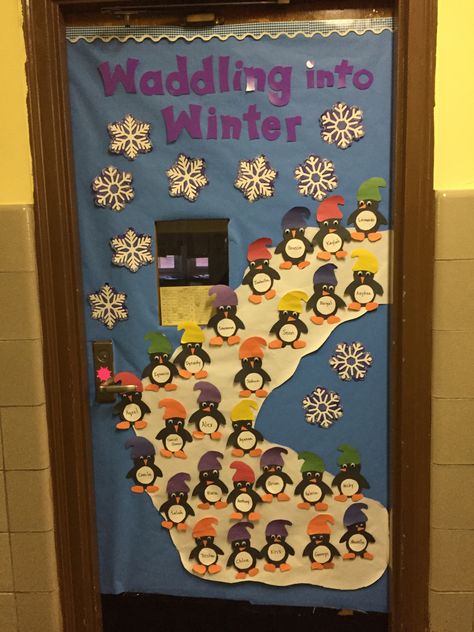 Waddling into winter door Classroom Door Design, January Door Decorations, Winter Door Decorations Classroom, Winter Classroom Door, Preschool Door, Chillin With My Snowmies, Christmas Doors, Kindergarten Decorations, Christmas Classroom Door