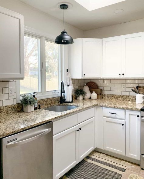 Tile Backsplash With Granite Countertops, Over Kitchen Sink Lighting Ideas, Black Kitchen Knobs, Over Kitchen Sink Lighting, Kitchen Sink Lighting Ideas, Sink Lighting, Black Granite Kitchen, Brown Countertop, Over Kitchen Sink