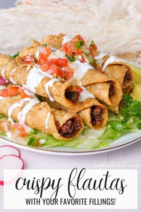 An easy flautas recipe that can be customized to your favorite fillings: chicken flautas, beef flautas, or carnitas flautas! Carnitas Flautas, High Heat Cooking Oil, Chicken Flautas, Barbacoa Recipe, Sous Vide Steak, Fried Tortillas, Crunchy Snack, Cheap Eats, Dinner Time