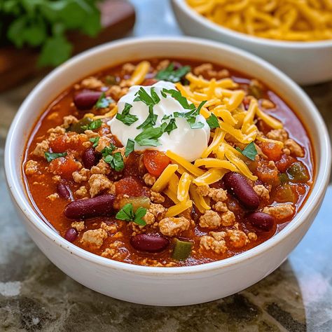 This award-winning turkey chili recipe is a hearty, healthy dish packed with bold flavors and lean protein, perfect for any occasion. Turkey Chili Stovetop, High Protein Chili Recipes, Healthy Chilli Recipe, Turkey Chilli Recipes, Hearty Turkey Chili, Ground Turkey Chilli, Healthy Turkey Chilli, Spicy Turkey Chili, Healthy Chilli