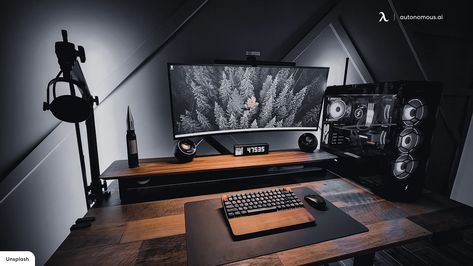 We have listed below some of the best cozy gaming setup ideas and tips for you to follow and create the most relaxing gaming room ever. Check them out! Best Dual Monitor Setup, Gaming Shelf, Dark Desk, Relaxing Game, Gamer Setup, Pc Gaming Setup, Video Game Room Design, Gaming Room Setup, Computer Setup