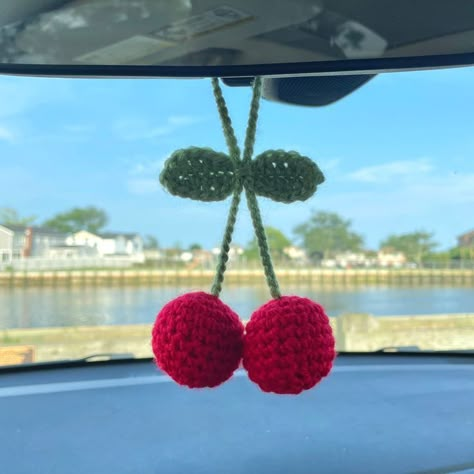 Cherry Car Decor, Rear View Mirror Crochet Pattern Free, Cherry Car Accessories, Car Mirror Hangers Crochet, Crochet Rearview Mirror Decoration, Crochet Car Hanger, Crochet Car Hanging, Cherry Crochet, Crochet Car Accessories