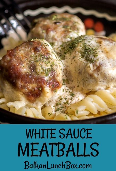 Meatballs in creamy white sauce. Amazing, tasty, simple and easy to prepare. Add some pasta and your dinner is ready! In 30 minutes on your table! #meatballsincreamywhitesauce #meatballswithheavycream #meatballswithwhitesaucepasta #groundbeefmeatballsinsauce #blb #balkanlunchbox Ground Beef Pasta With White Sauce, White Meatball Sauce, Meatloaf With White Sauce, Meatballs And White Sauce, White Sauce For Meatballs, Meatball White Sauce Recipes, Alfredo Sauce With Meatballs, White Sauce Meatballs, Meatballs In White Sauce