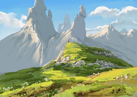 ArtStation - Red man Environment Concept Art Mountains, Grassy Plains Concept Art, Mountain Top Illustration, Fantasy Mountain Art, Mountains Concept Art, Mountain Background Landscape, Mountain Concept Art, Digital Painting Landscape, Concept Landscape