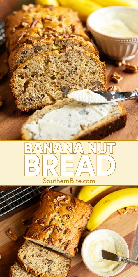 This moist, dense, buttery Banana Nut Bread is a classic recipe that's flavored with overripe bananas and studded with crunchy pecans. Flavored Banana Bread, Best Banana Nut Bread Recipe Moist, Banana Nut Bread Recipes, Banana Bread With Nuts Recipe, Homemade Bread Flavors, Quick Bread Recipes Sweet, Banana Nut Bread Recipe Moist, Banana Bread With Pecans, Banana Pecan Bread Recipe