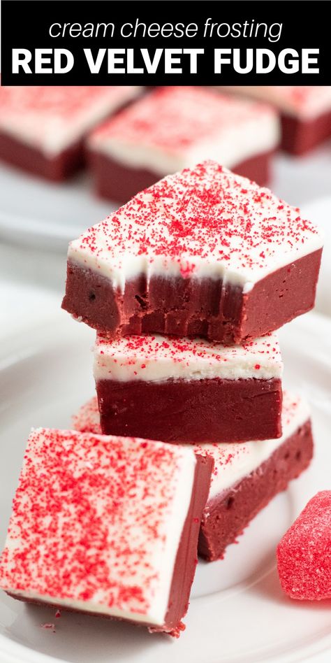 Fans of red velvet cake are going to absolutely love this easy Red Velvet Fudge recipe. It has a rich and creamy fudge layer, then it's topped with a sweet and decadent white chocolate and cream cheese layer. Red Velvet Fudge Easy, Red Velvet Fudge Recipe, Red Velvet Recipes Desserts, Box Red Velvet Cake Mix Recipes, Cheesecake Fudge Recipe, Cream Cheese Fudge Recipe, Quick Fudge Recipe, Vanilla Fudge Recipe, Christmas Fudge Recipes