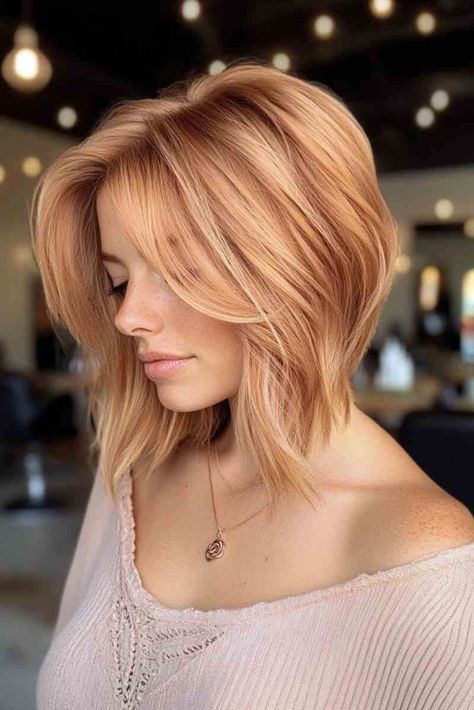 Blonde Hair Cuts Medium, Strawberry Blonde Hair Ideas, Strawberry Blonde Bob, Apricot Hair, Red And Blonde, Light Strawberry Blonde, 3 Hairstyles, Wavy Bob Haircuts, Strawberry Blonde Hair Color