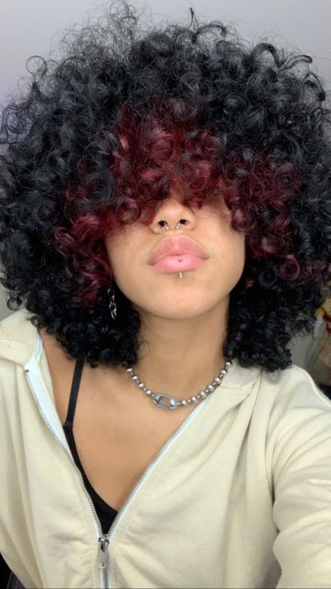 Dark Brown And Purple Hair Split Dye, Curly Hair Vivid Color, Dyed Hair Peekaboo, Ghost Roots Curly Hair, Black And Red Curly Hair, Dark Red And Black Hair, Dyed Afro Hair 4c, Curly Hair Dye, Hair Stripes