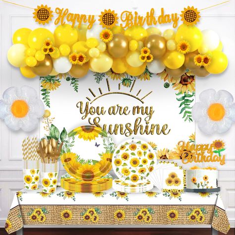 PRICES MAY VARY. 🌻 MEMORABLE SUNFLOWER PARTY – A sunflower birthday party is a great idea to celebrate an important milestone for your kid. The bright color scheme with the sweet sunflower patterns in this kit is perfectly fitting for this theme. This sunflower themed birthday party must be the most precious memory to mark this time. 🌻 SUNFLOWER PARTY DECORATIONS INCLUDES – 37 x 12’’ latex balloons | 16 x 5’’ latex balloons | 2 x foil balloons | 1 x backdrop | 1 x banner | 12 x cutouts | 1 x t Blue Gingham And Sunflower Party, Yellow Birthday Theme, Yellow Birthday Decorations, Sunflower Themed Birthday Party, Sunflower Party Ideas, Sunflower Theme Birthday Party, Sunshine Backdrop, Sunflower Party Themes, Sunflower Birthday Party