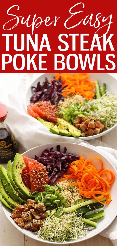 Easy Tuna Steak Poke Bowls - The Girl on Bloor Tuna Steak Side Dishes, Tuna Steak Recipes, Tuna Steak, Steak Side Dishes, Poke Bowls, High Protein Meal Prep, Meal Prep Clean Eating, Tuna Steaks, Shellfish Recipes