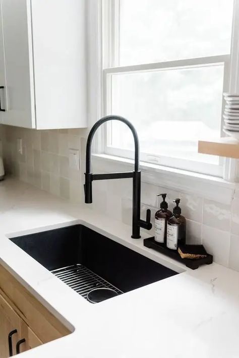 Top 33 Kitchen Sink Ideas - Upgrade to Style & Efficiency | 2024 Trends - placeideal.com New Kitchen Sink Ideas, Kitchen Sink And Counter Top Ideas, Black Sink With White Countertop, Modern Sink Design Kitchen, White Kitchen Black Sink, Sinks Kitchen Ideas, Modern Kitchen Sinks And Faucets, Kitchen Sink Aesthetic, Sink Ideas Kitchen