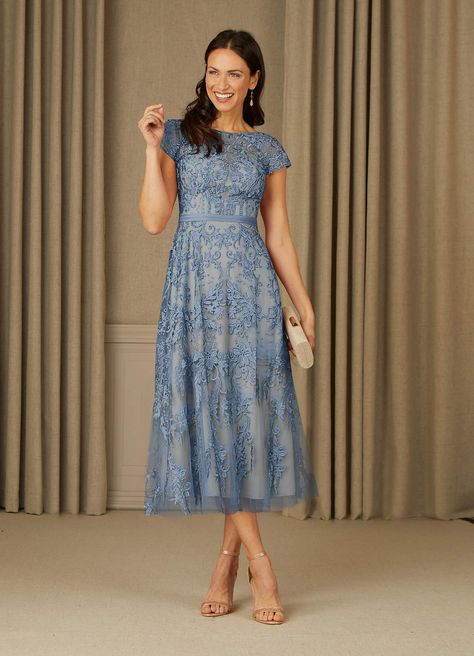 Dusty Blue/Champagne Azazie Sanna A-Line Scoop Lace Tulle Tea-Length Dress | Azazie Chic Mother Of The Bride, Sparkly Maxi Dress, Summer Mother Of The Bride Dresses, Mother Of Groom Outfits, Lace Tulle Dress, Tea Length Tulle, Mom Dresses, Bride Groom Dresses, Mother Of The Bride Hair