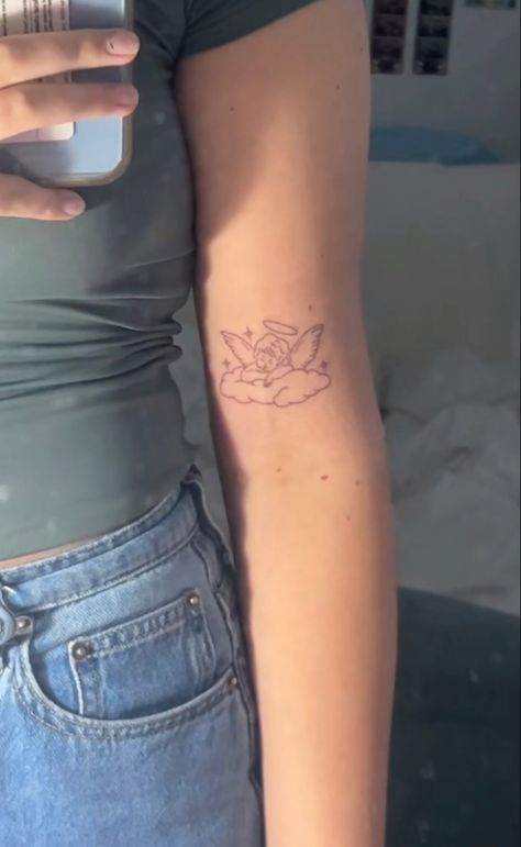 Cherub Cloud Tattoo, Angle On Cloud Tattoo, Fineline Angel Tattoo, Cloud Angel Tattoo, Angel Cloud Tattoo, Angel In Clouds Tattoo, Cherub Ankle Tattoo, Angel Tattoo Placement, Angel On Cloud Tattoo