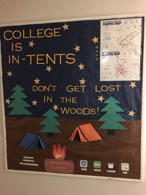 A simple camping themed bulletin board to introduce some essential apps and numbers for an incoming freshman and get them familiar with campus. College Is In-tents Bulletin Board, College Hallway Decorations, Tent Bulletin Board, Big Bulletin Board Ideas, Ra Hallway Themes, Ra Decorations Hallways, Ra Floor Themes, Camping Bulletin Boards, Residence Life Bulletin Boards